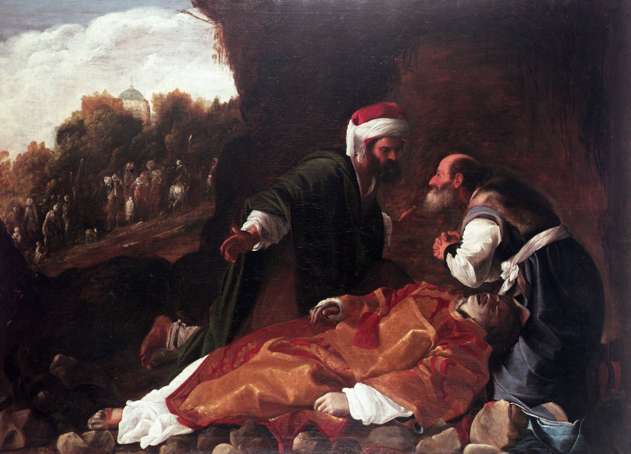 Den hellige Stefans begravelse (olie på lærred) af Carlo (attr. to) Saraceni