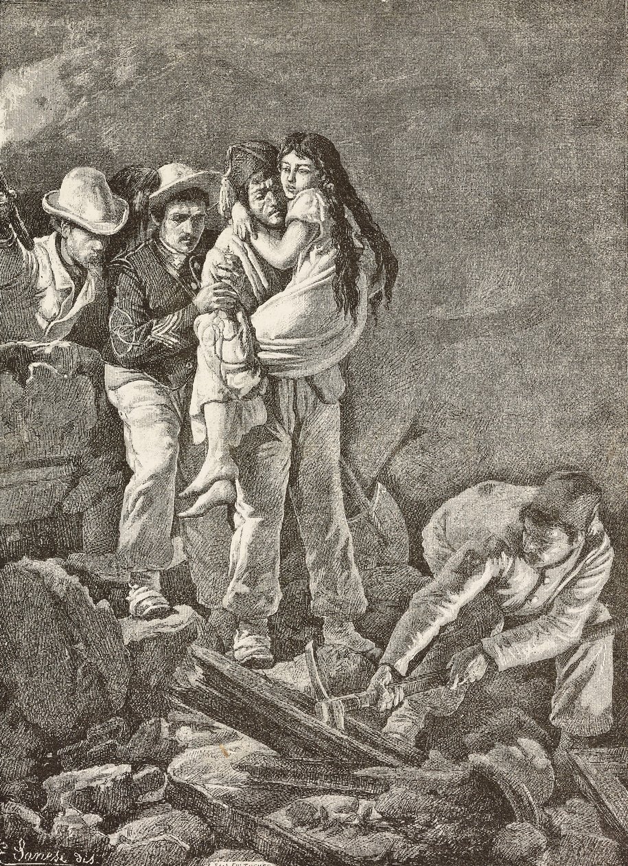 En pige bliver reddet efter at hendes hjem kollapsede, jordskælvet i Casamicciola, Italien, gravering fra en tegning af E Sanesi og et maleri af Carlo Ademollo (1824-1911), fra L