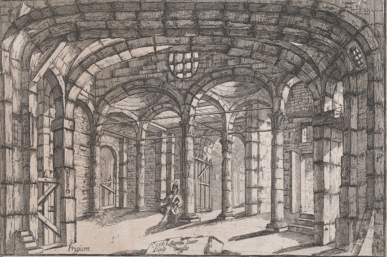 Interiør af et fængsel, hvori sidder en kvinde, ca 1680-1710. af Carlo Antonio Buffagnotti