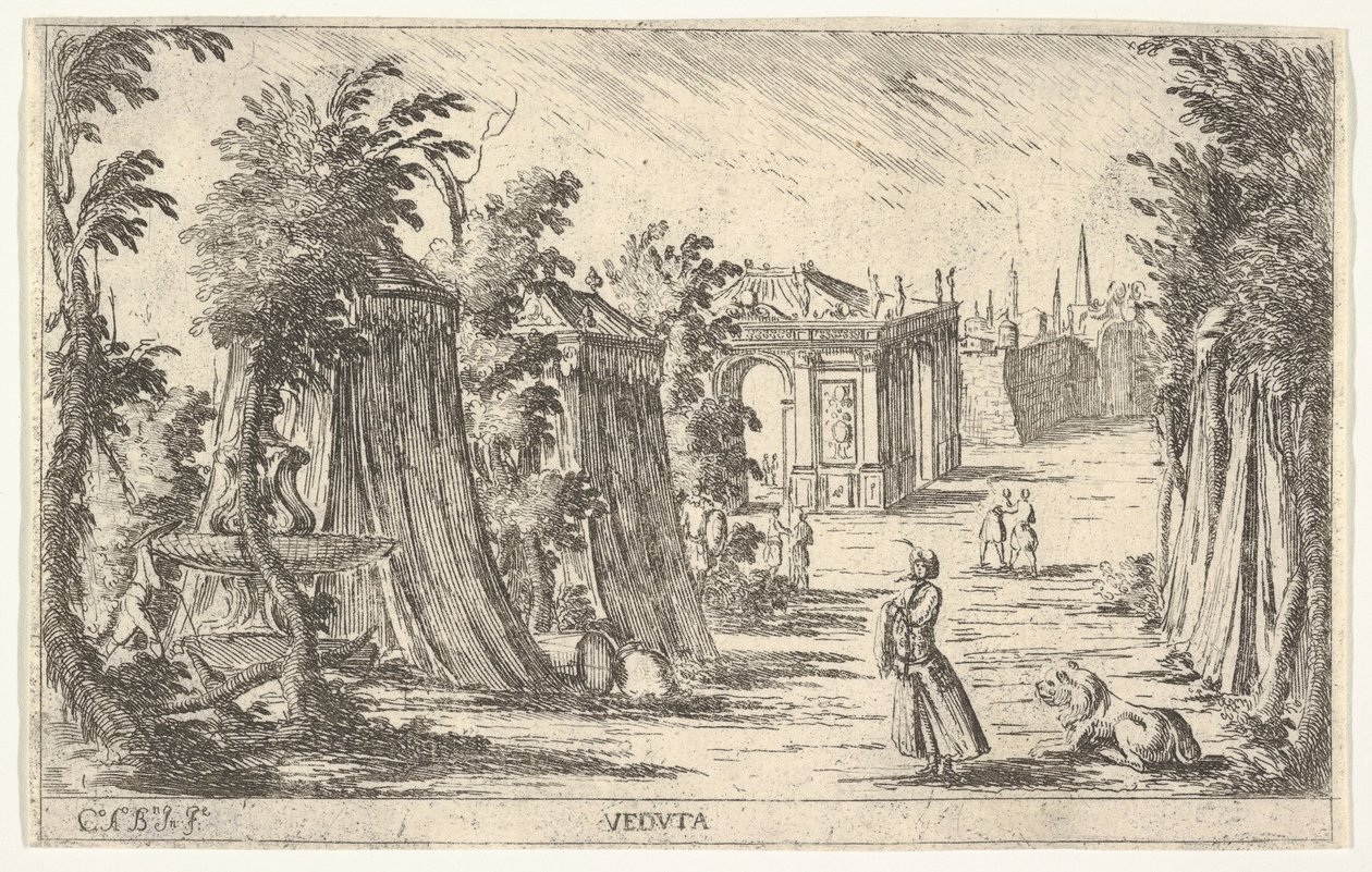 Udsigt med en mand i turban og en løve stående til højre, telte og klassisk archite..., 1680-1710. af Carlo Antonio Buffagnotti