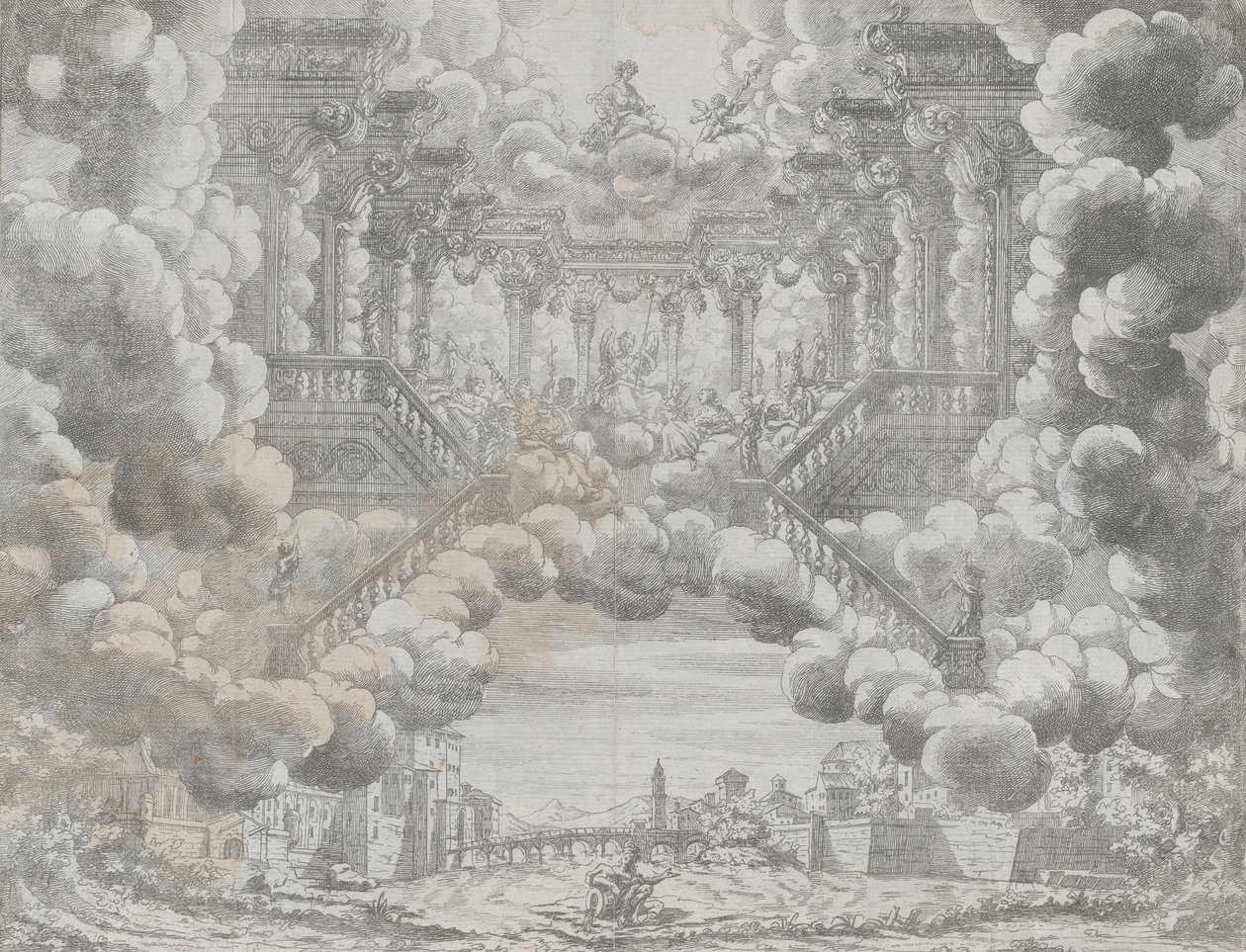 Scenografi med allegoriske figurer på en trappe, fra 