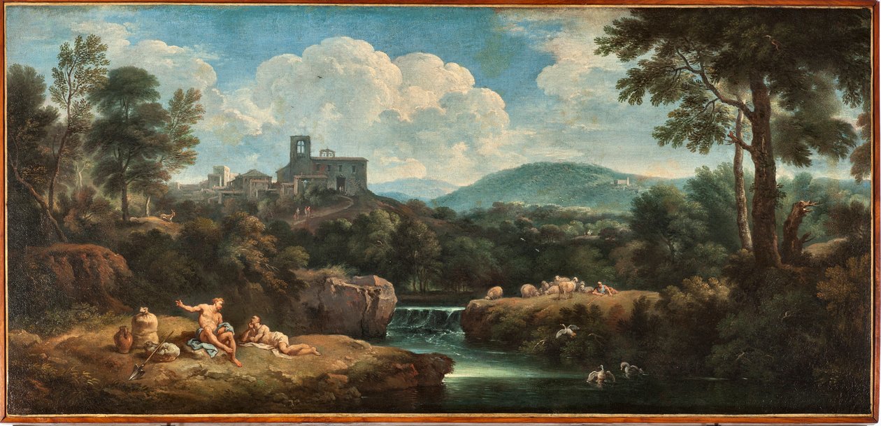 Landskab med flod, arbejdere klædt i antik mode og en landsby Maleri af Carlo Antonio Tavella dit Il Solfarola (1668-1738) Musei di Strada Nuova (ex Palazzo Bianco) Genes, Italien af Carlo Antonio Tavella