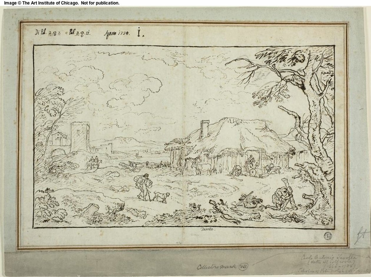 Landevejskryds med landbrugsbygninger i forgrunden af Carlo Antonio Tavella