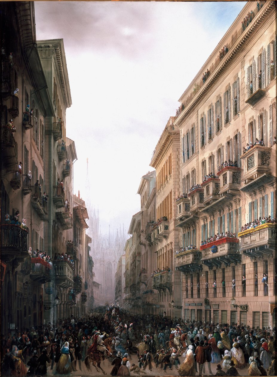 Karneval i Milano-gaden (olie på lærred, ca. 1847) af Carlo Bossoli