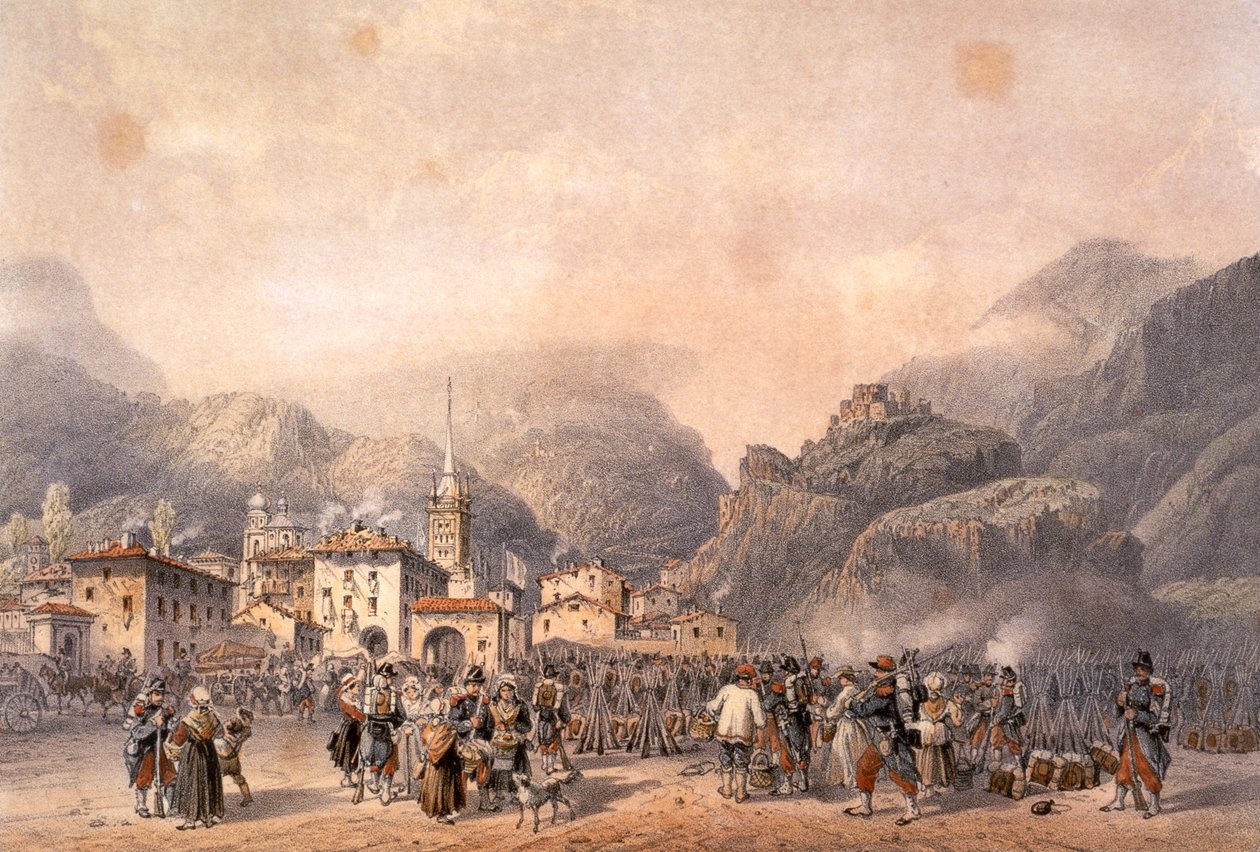 Fransk lejr ved Susa i 1859, af Carlo Bossoli (1815-1884), gravering. Anden uafhængighedskrig, Italien 1800-tallet. af Carlo Bossoli