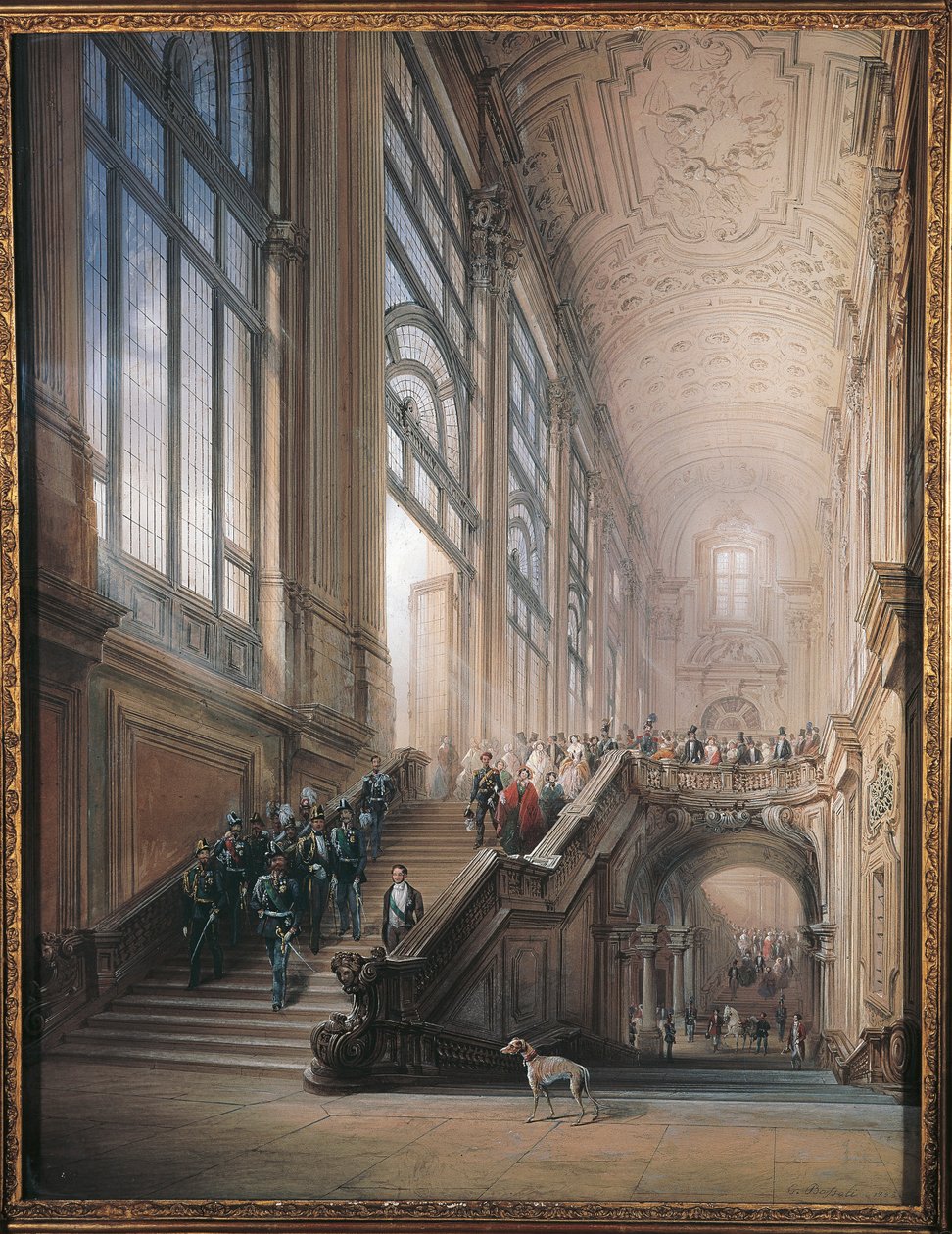 Kong Victor Emmanuel II, Cavour, ministre og domstolen går ned ad trappen i Senatet i Torino efter åbningstale i det subalpine parlament af Carlo Bossoli