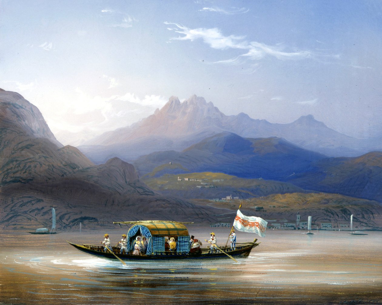 Comosøen. En båd. På baggrunden kan du se Groma-bjerget, omkring 1830. Bossoli-maleri. Como, privat al. af Carlo Bossoli