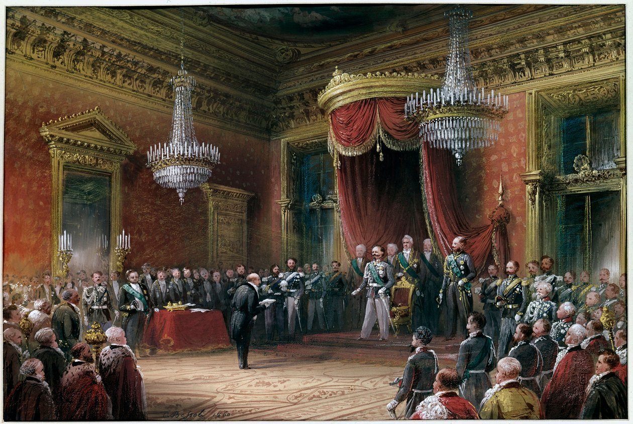 Risorgimento - Carlo Farini (1812-1866) præsenterer for Victor Emmanuel II (Victor Emmanuel) (Vittorio Emanuele) (1820-1878) pagten om annektering af Emilia Romagna i 1860 (olie på lærred) af Carlo Bossoli