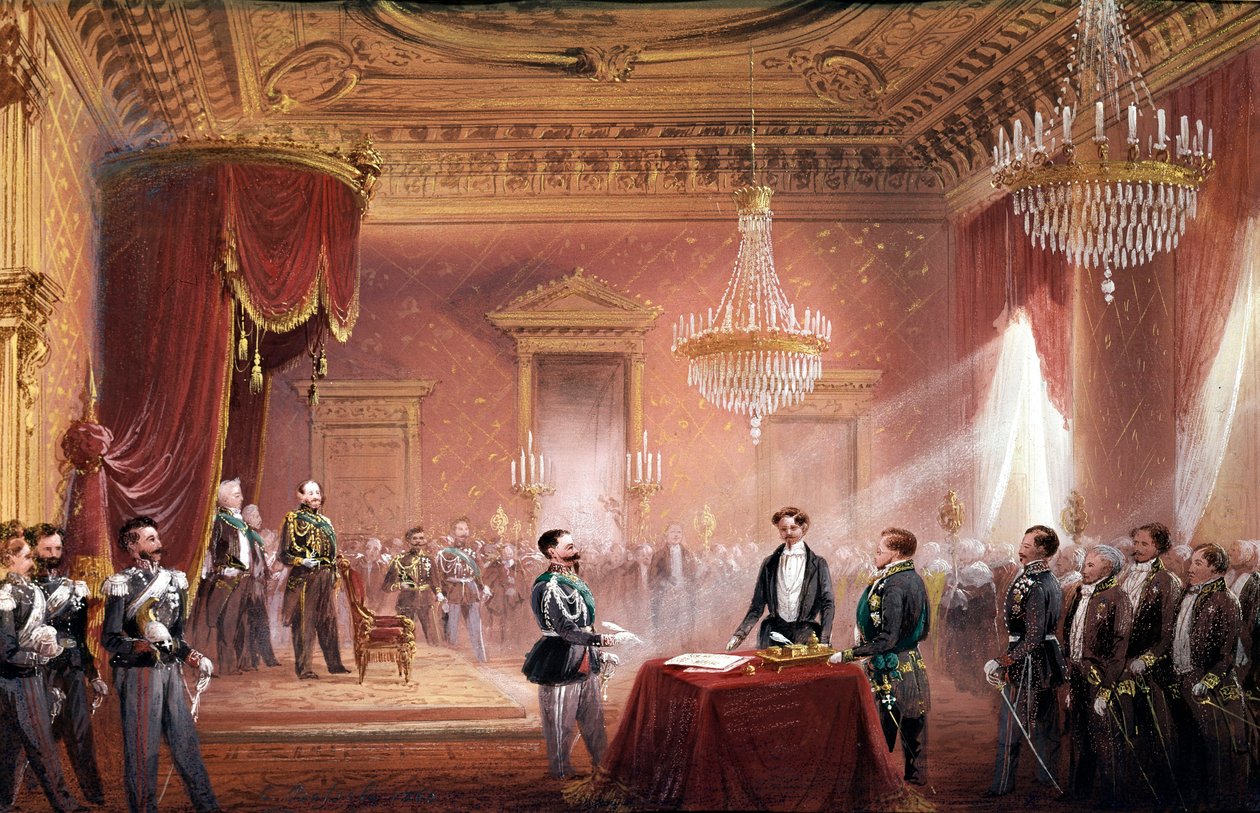 Risorgimento - Victor Emmanuel II (Victor Emmanuel) (Vittorio Emanuele) (1820-1878) underskrev traktaten om annekteringen af Toscana fremlagt af Bettino Ricasoli (1809-1880) den 22. marts af Carlo Bossoli