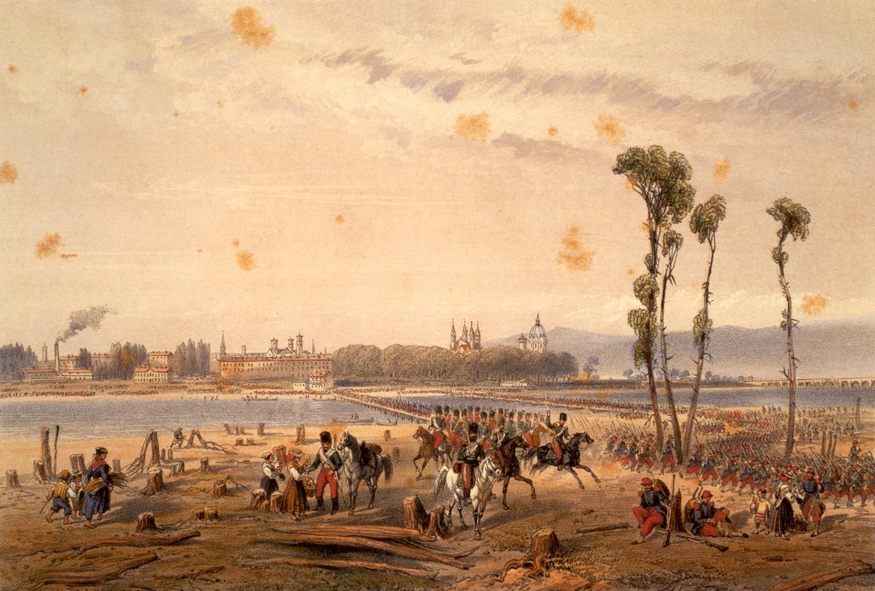 Franskmændene passerede Sesia ved Vercelli i 1859, af Carlo Bossoli (1815-1884), gravering. Anden uafhængighedskrig, Italien af Carlo Bossoli