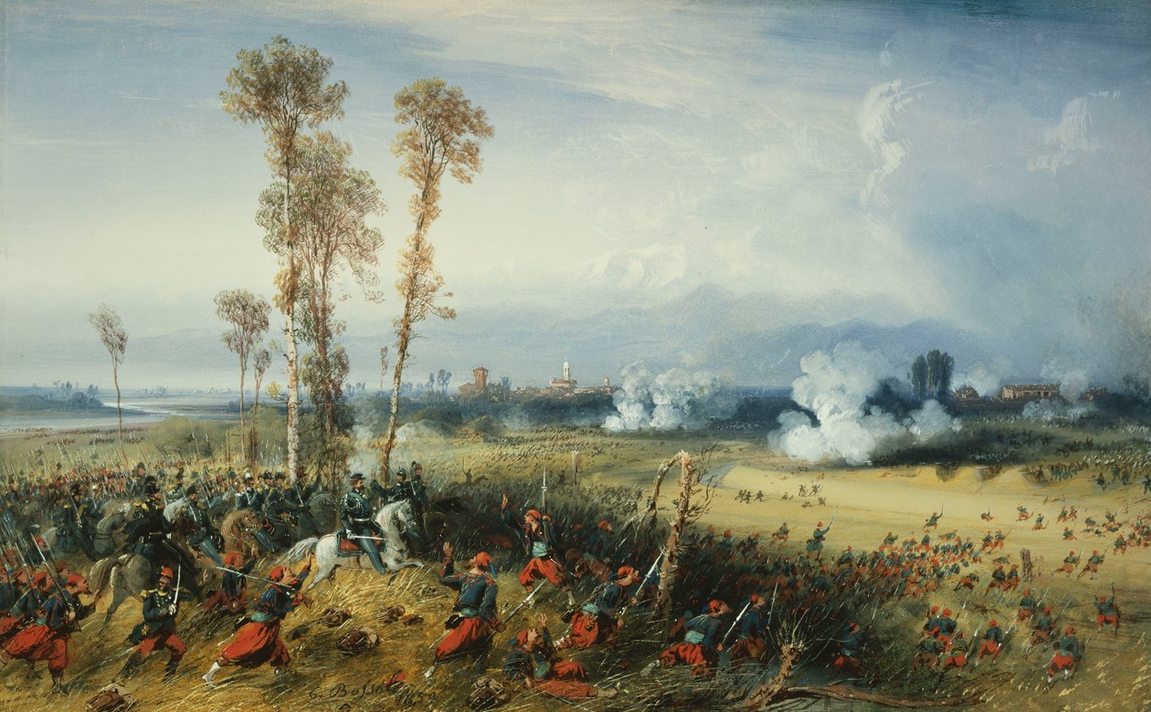 Krigen i Italien: Slaget ved Palestro, kongen af Sardinien i spidsen for tropperne, 1859 af Carlo Bossoli