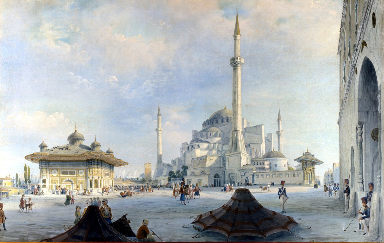 Moskeen i Konstantinopel: Saint Sophia (Hagia Sophia). Maleri af Carlo Bossoli af Carlo Bossoli