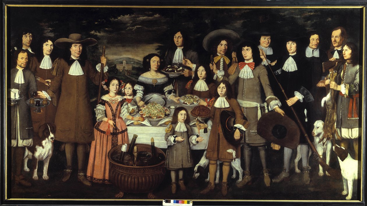 Portræt af en familie eller ""Drik under et jagtspil""". Maleri af Carlo Cane (1618-1688). 17. århundredes maleri. Pinacoteca del Castello Sforzesco Milano af Carlo Cane