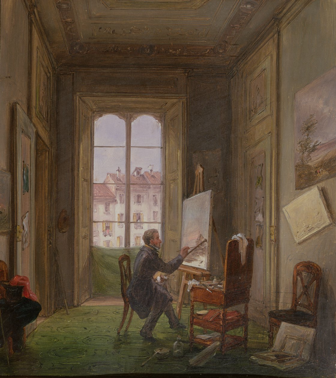 Maleren Giuseppe Canella i arbejde på et lærred i sit atelier, ca. 1830 af Carlo Canella