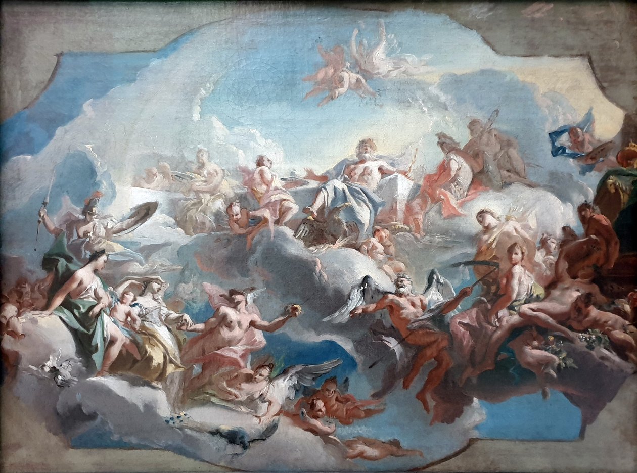 Tysk: Der Aufbruch der Göttinnen Juno, Venus und Minerva, geleitet von Merkur, zum Parisurteil Afgang af gudinderne Juno, Venus og Minerva til domsafsigelsen i Paris af Carlo Carlone