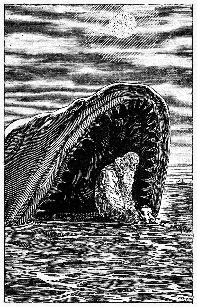 Illustration af Pinocchio af Carlo Chiostri (1863-1939), en af de første italienske illustratorer af Collodis værk. Trædukken og hans far Gepetto vil slippe for at svømme fra munden på den enorme haj, der slugte dem. af Carlo Chiostri