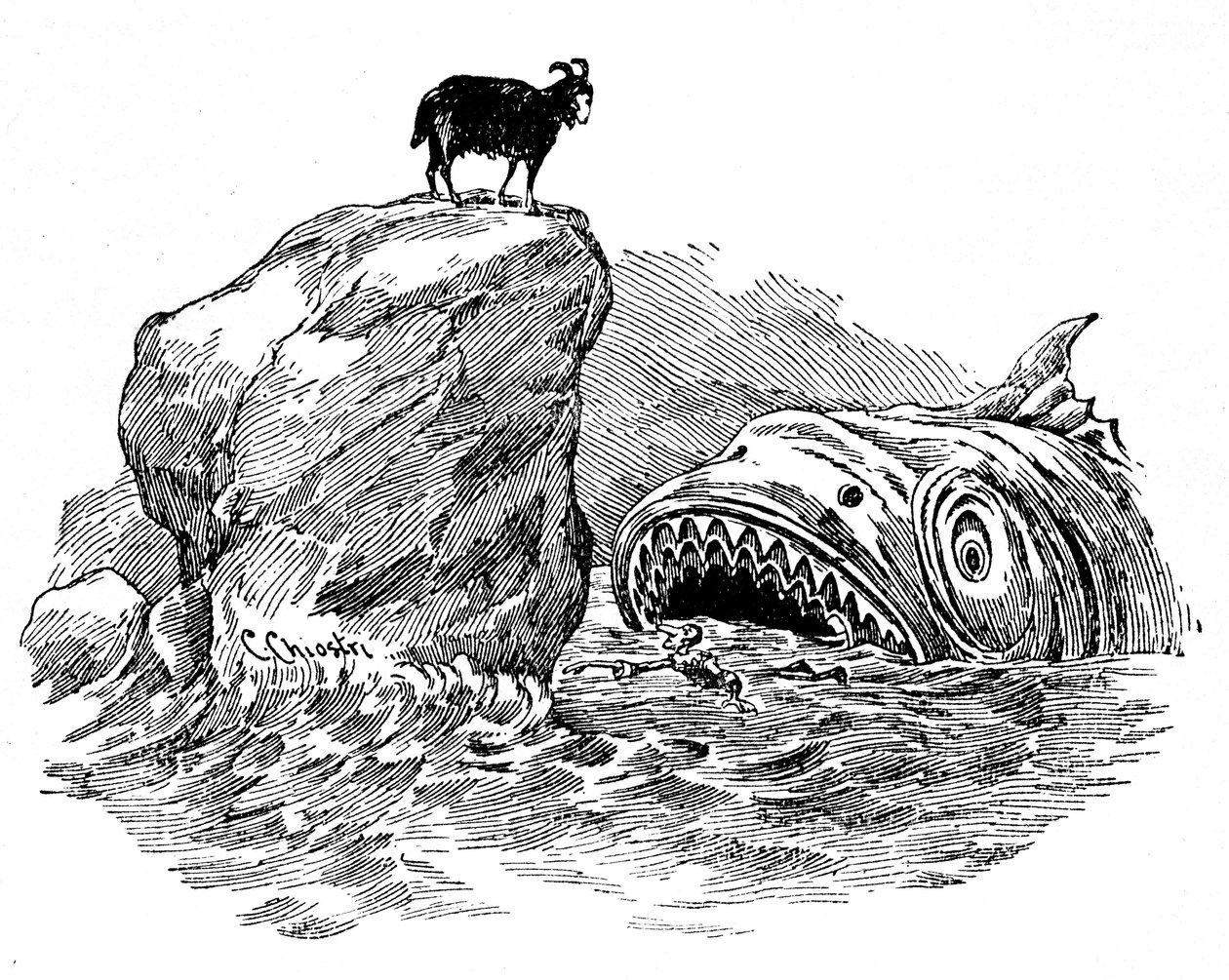 Illustration af Pinocchio af Carlo Chiostri (1863-1939), en af de første italienske illustratorer af Collodis værk. Trædukken vil blive slugt af en frygtelig haj, på trods af hjælpen fra den blå fee, der har fået udseendet af en ged, der sidder på en sten af Carlo Chiostri