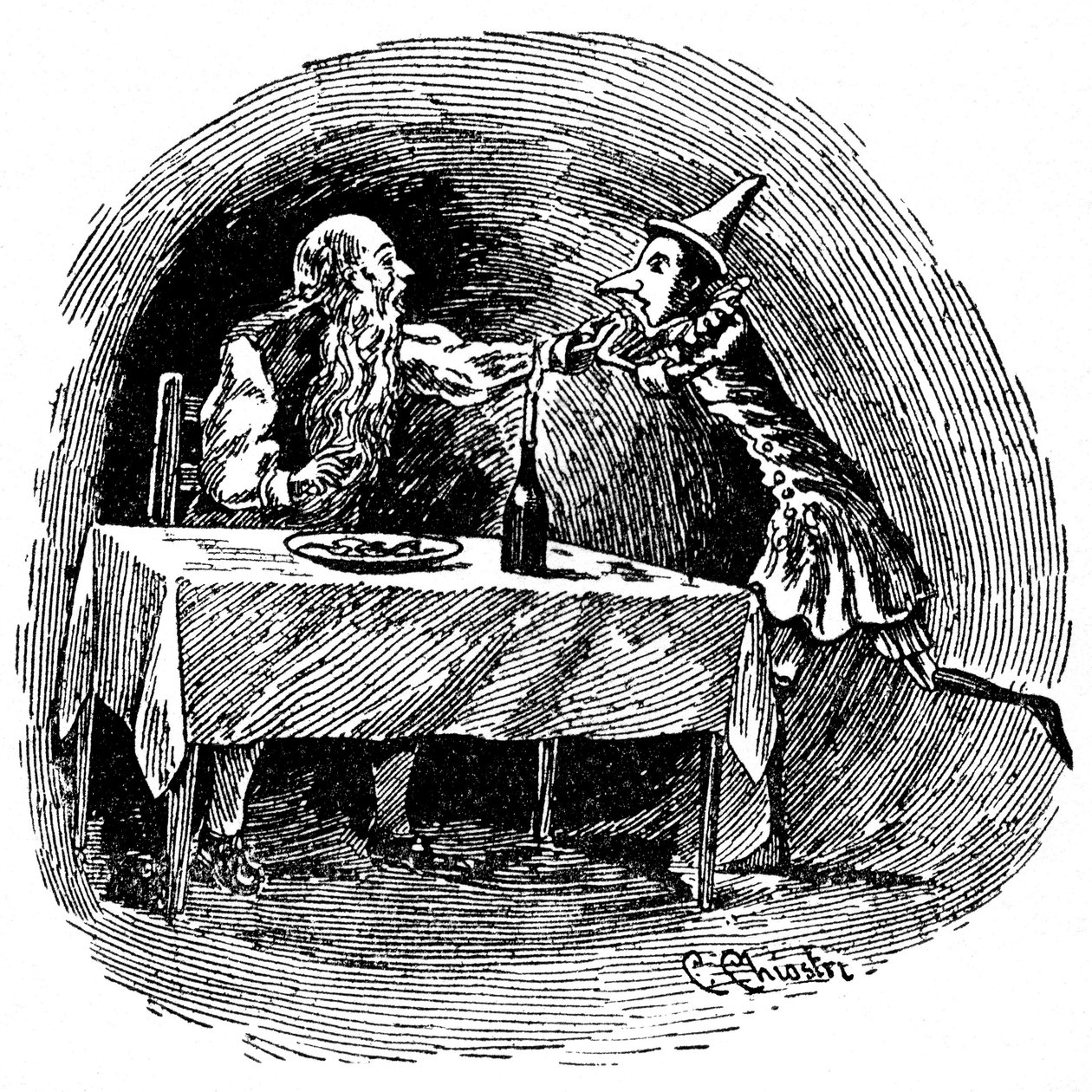 Illustration af Pinocchio af Carlo Chiostri (1863-1939), en af de første italienske illustratorer af Collodis værk. Trædukken finder sin far Gepetto i maven på den haj, der slugte dem. af Carlo Chiostri