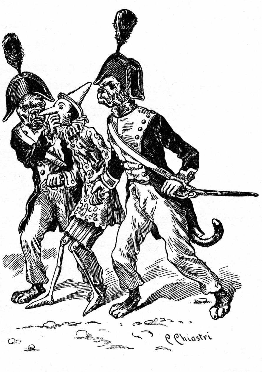 Illustration af Pinocchio af Carlo Chiostri (1863-1939), en af de første italienske illustratorer af Collodis værk. To hunde klædt som gendarmer tager trædukken. af Carlo Chiostri
