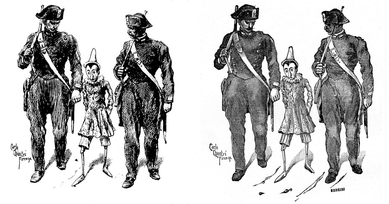 Pinocchio af Carlo Chiostri (1863-1939), en af de første italienske illustratorer af Collodis (Carlo Lorenzini) værk. To gendarmer tager trædukken. Billedet til venstre er Chiostris originaltegning, det til højre er graveringscarri af Carlo Chiostri