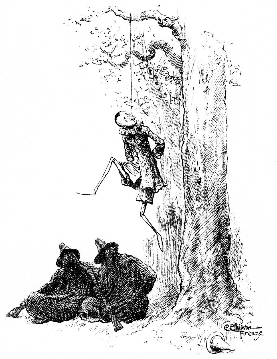 Pinocchio af Carlo Chiostri (1863-1939), en af de første italienske illustratorer af Collodis (Carlo Lorenzini) værk. Trædukken er hængt fra et træ af to banditter (katten og den camouflerede ræv). Denne originale tegning af Chiostri skal være comp af Carlo Chiostri