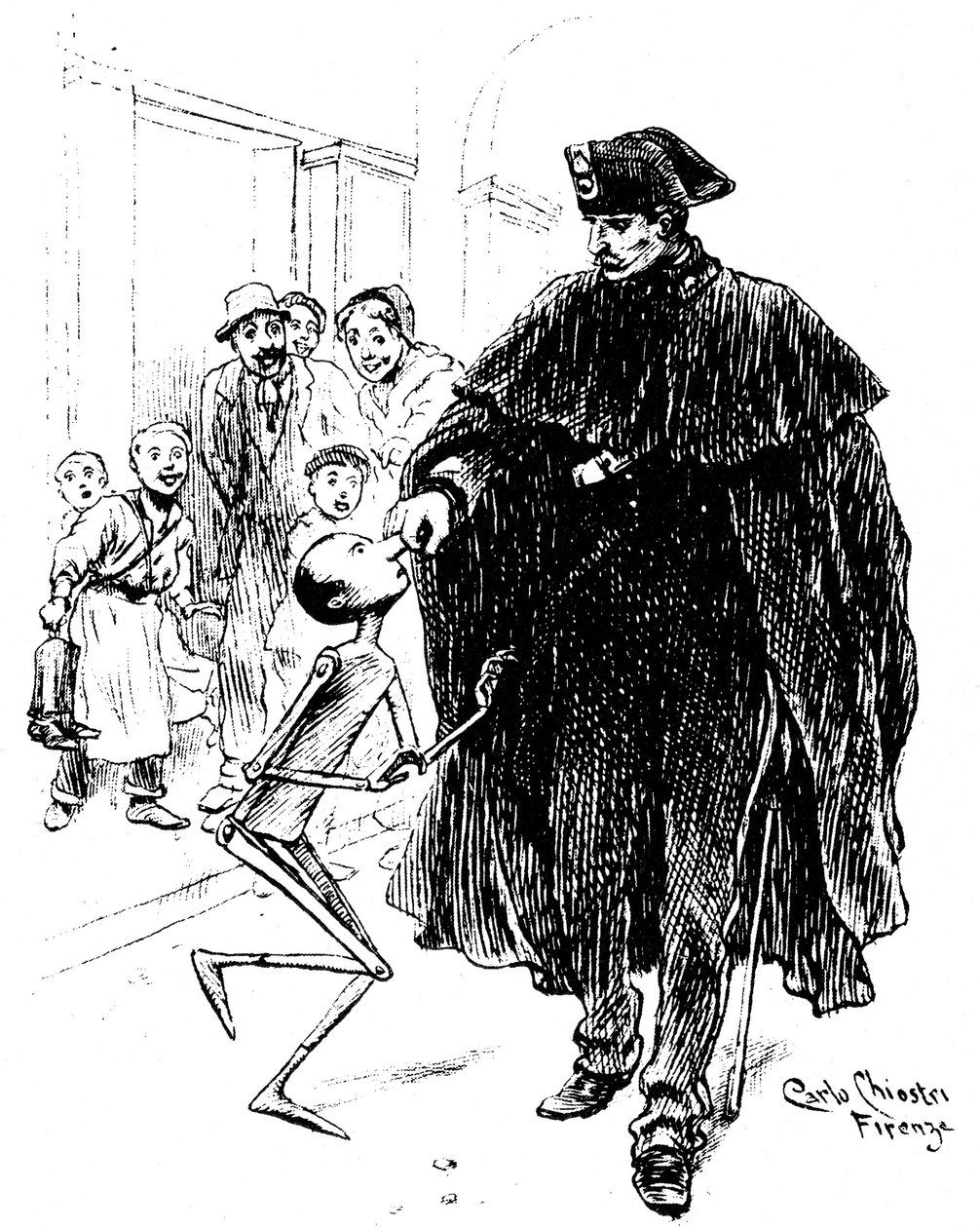 Pinocchio af Carlo Chiostri (1863-1939), en af de første italienske illustratorer af Collodis (Carlo Lorenzini) værk. En politimand griber trædukken gennem næsen, har kærestens store glæde. Denne originale tegning af Chiostri skal være ca af Carlo Chiostri