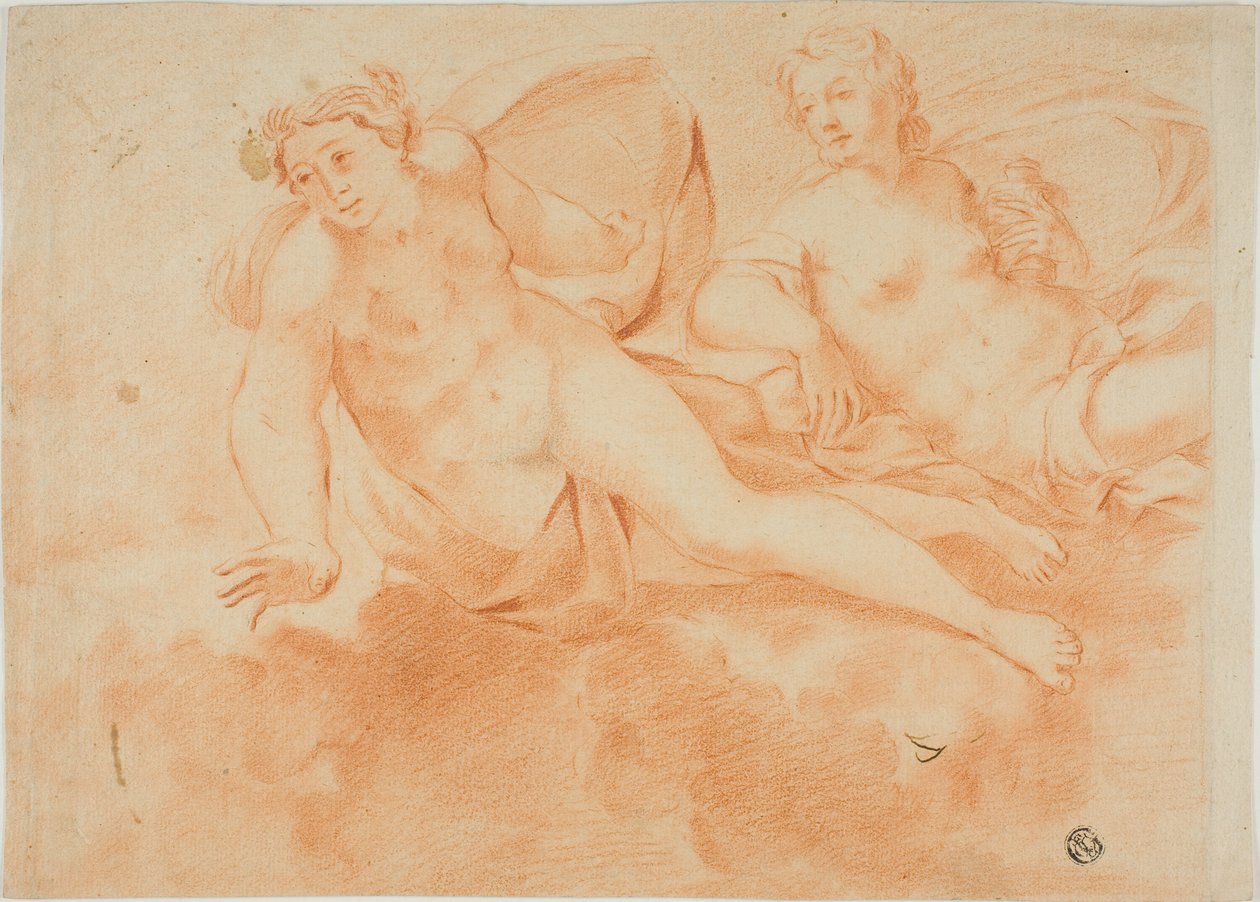 To skybårne nøgne kvindefigurer (recto); fragment af liggende figur (verso) af Carlo Cignani