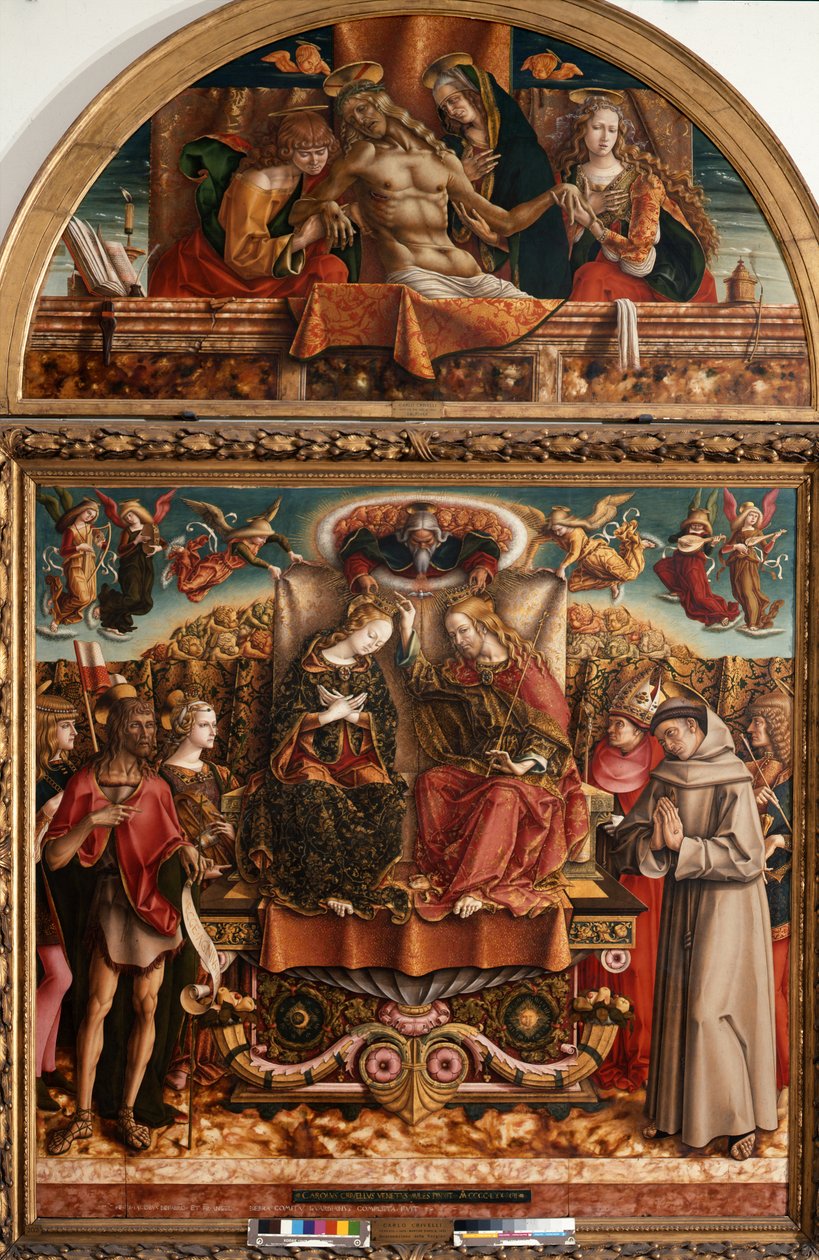 Jomfruens kroning med den hellige treenighed og hellige af Carlo Crivelli