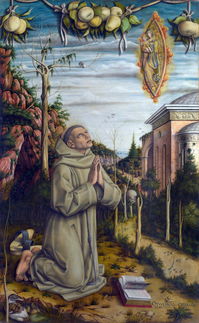 Synet af den salige Gabriel - Gabriele Ferretti (1385-1456), italiensk franciskaner ser Jomfru Maria og Jesusbarnet dukke op - Maleri af Carlo Crivelli (omkring 1435- omkring 1495), tempera på træ (141x87 cm) af Carlo Crivelli