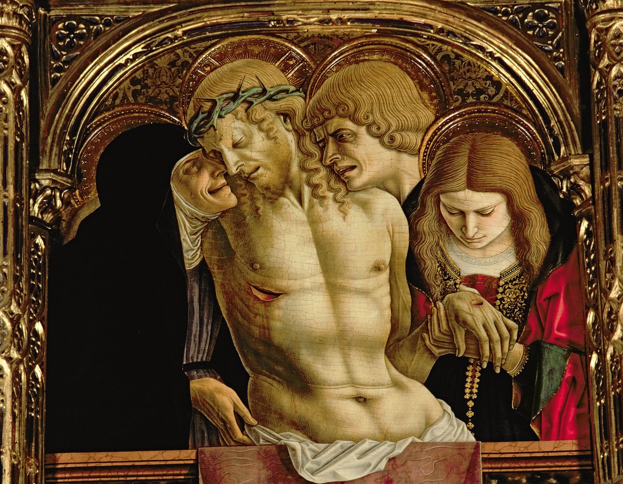 Lamentation of the Dead Christ, detalje fra SantEmidio polyptykon, 1473 tempera på paneldetalje af 76636 af Carlo Crivelli