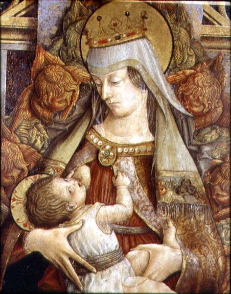 Madonna Suckling the Christ Child (olie på panel) af Carlo Crivelli