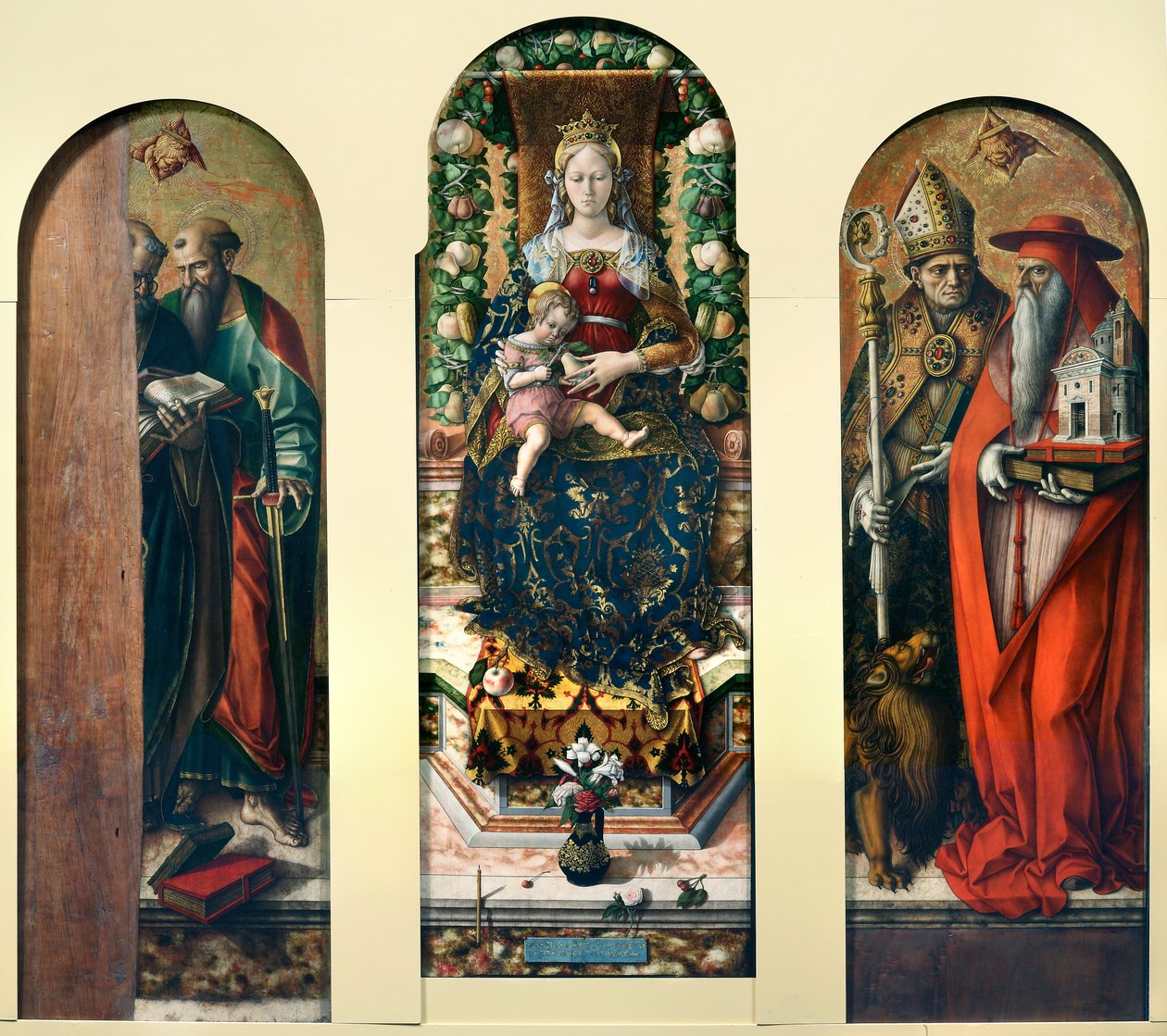 Madonna og barnet og de hellige Peter og Paul, Ansovino og Jerome af Carlo Crivelli