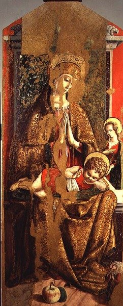 Madonna og barn, centralt panel fra den anden triptykon i dalen Castellano (tempera på panel) af Carlo Crivelli