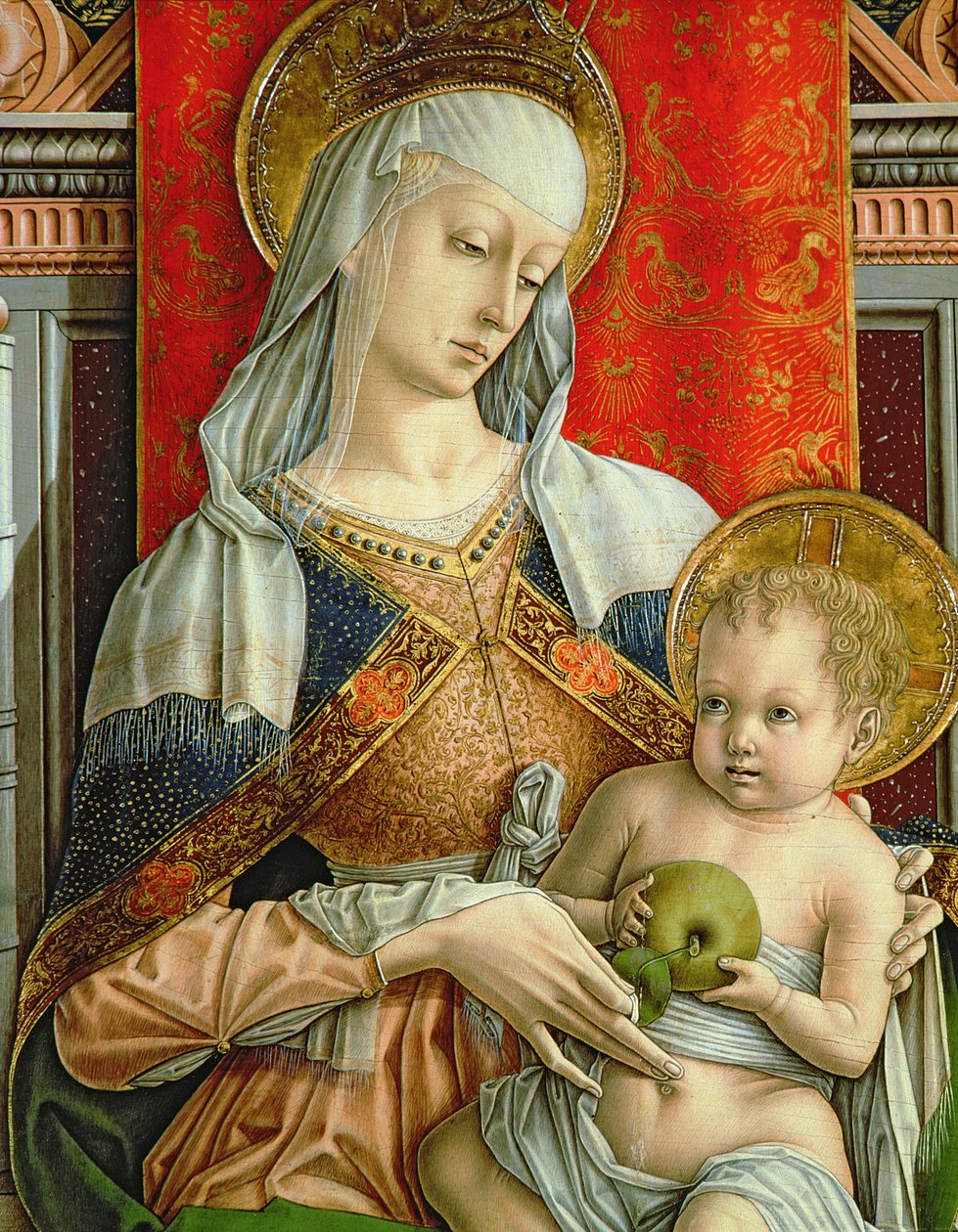 Madonna og barn, detalje fra SantEmidio polyptykon, 1473 tempera på paneldetalje af 76636 af Carlo Crivelli