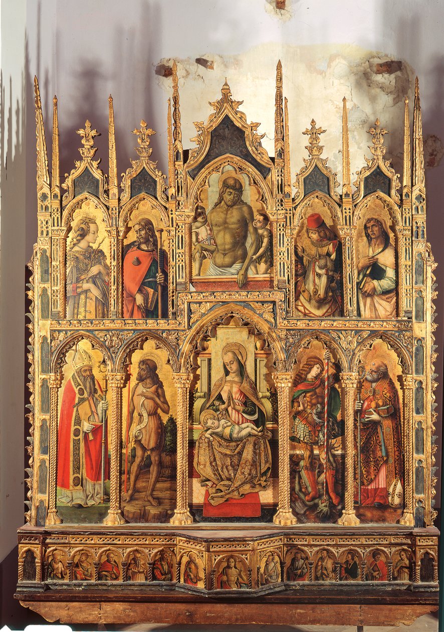 Madonna og barn med helgener, polyptykon (tempera på panel) af Carlo Crivelli