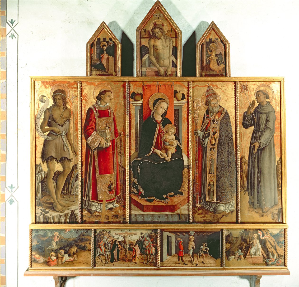 Madonna og barn med helgener, polyptykon, 1468 (tempera på panel) af Carlo Crivelli