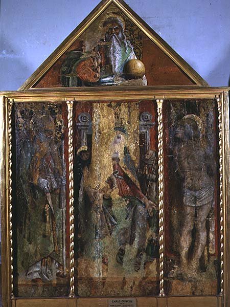 Madonna og barn med helgener, den første triptykon i dalen Castellano (tempera på panel) af Carlo Crivelli