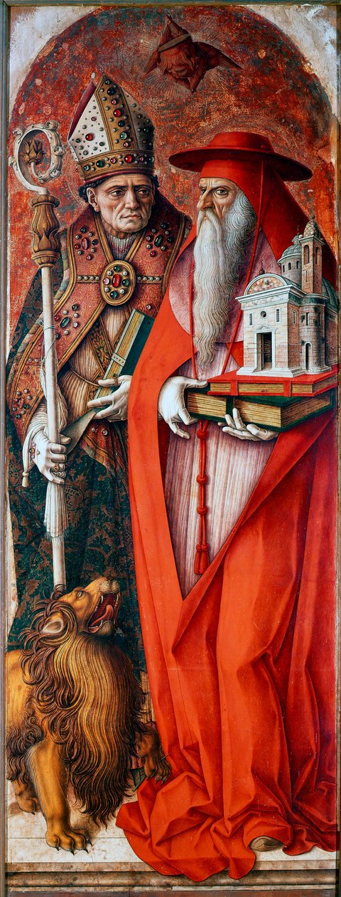 Polyptykon fra Cathedrale of Camerino (Duomo di Camerino): Sankt Hieronymus og Sankt Augustin. Maleri af Carlo Crivelli (1430 / 35-1494 / 1500). Tempera på træ af Carlo Crivelli