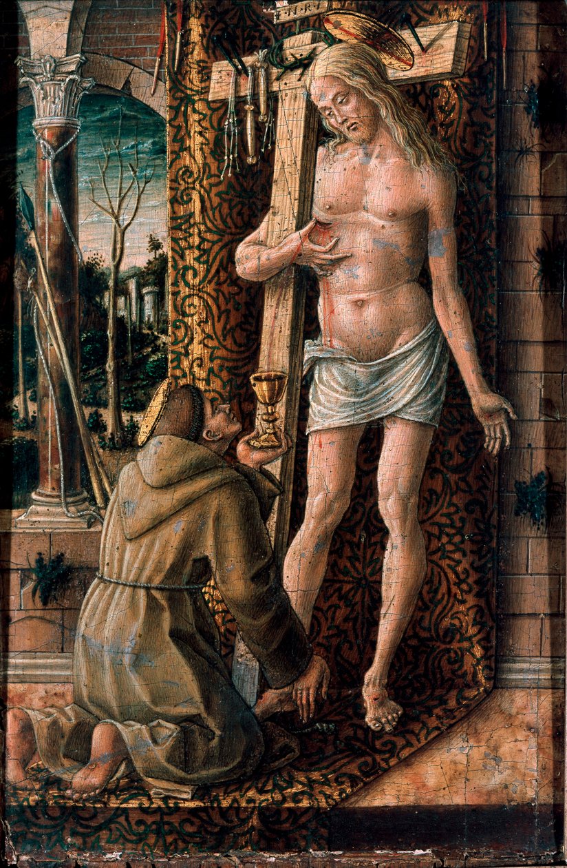 Sankt Frans af Assisi samler Kristi blod Træsnit af Carlo Crivelli (1430/35-1494/1500) 1480-1486 søn. 19x13 cm Milano, Poldi Pezzoli-museet af Carlo Crivelli