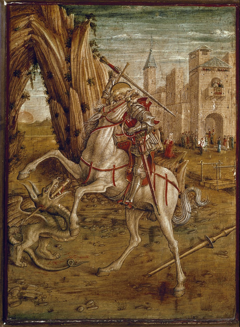 Saint George Killing the Dragon (Predelle of Pala Odoni) - Tempera på træ, efter 1490 af Carlo Crivelli