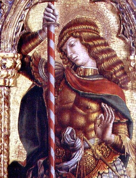 St. Michael, detalje fra San Martino polyptykon (tempera på panel) (se 76669) af Carlo Crivelli