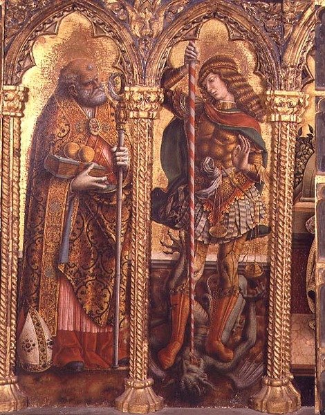 St. Nicholas og St. Michael, detalje fra San Martino polyptykonen (tempera på panel) (se 76669) af Carlo Crivelli