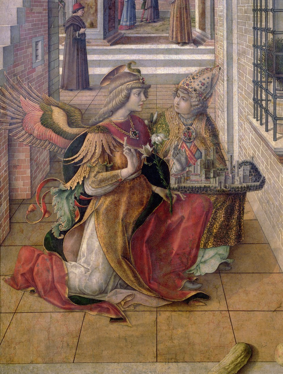 Bebudelsen med St. Emidius, detalje af ærkeenglen Gabriel med helgenen, 1486 (tempera og olie på panel) (detalje af 97895) af Carlo Crivelli