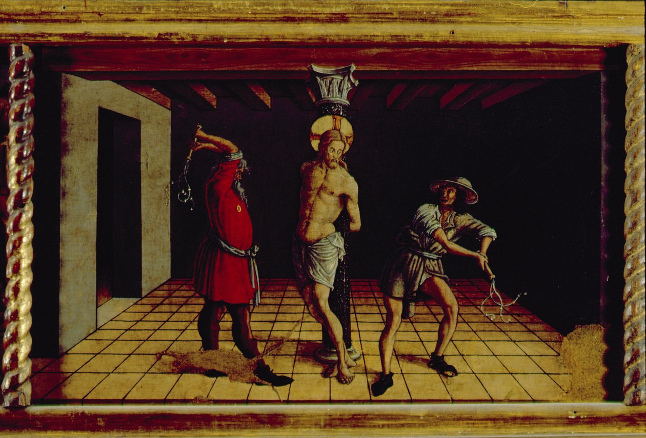 The Flagellation of Christ, centralt højre predella-panel fra San Silvestro polyptykon, 1468 (tempera på panel) (se 76657) af Carlo Crivelli