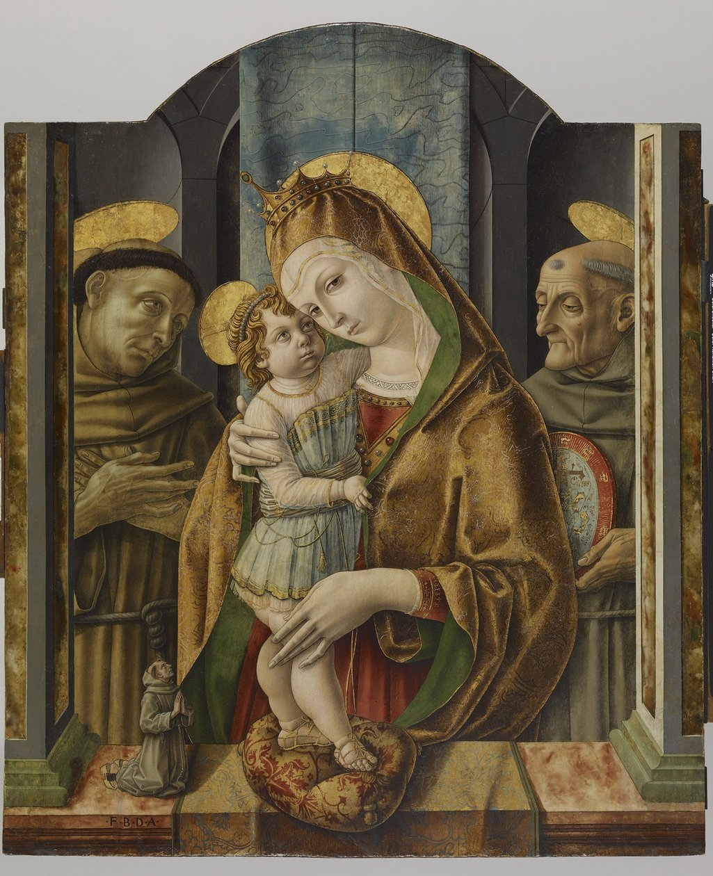 Jomfru og barn med hellige og donor, ca. 1490 (tempera og bladguld på panel) af Carlo Crivelli