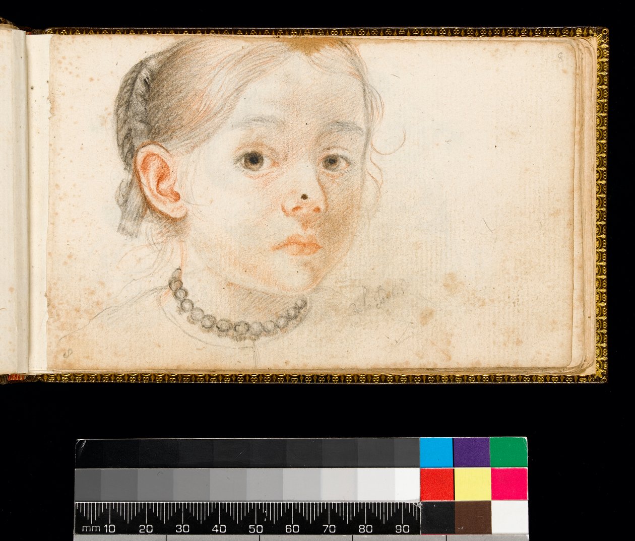 Head and shoulders of a young girl, her hair plaited round the back of her head, wearing a necklace, 1667-1670dani af Carlo Dolci