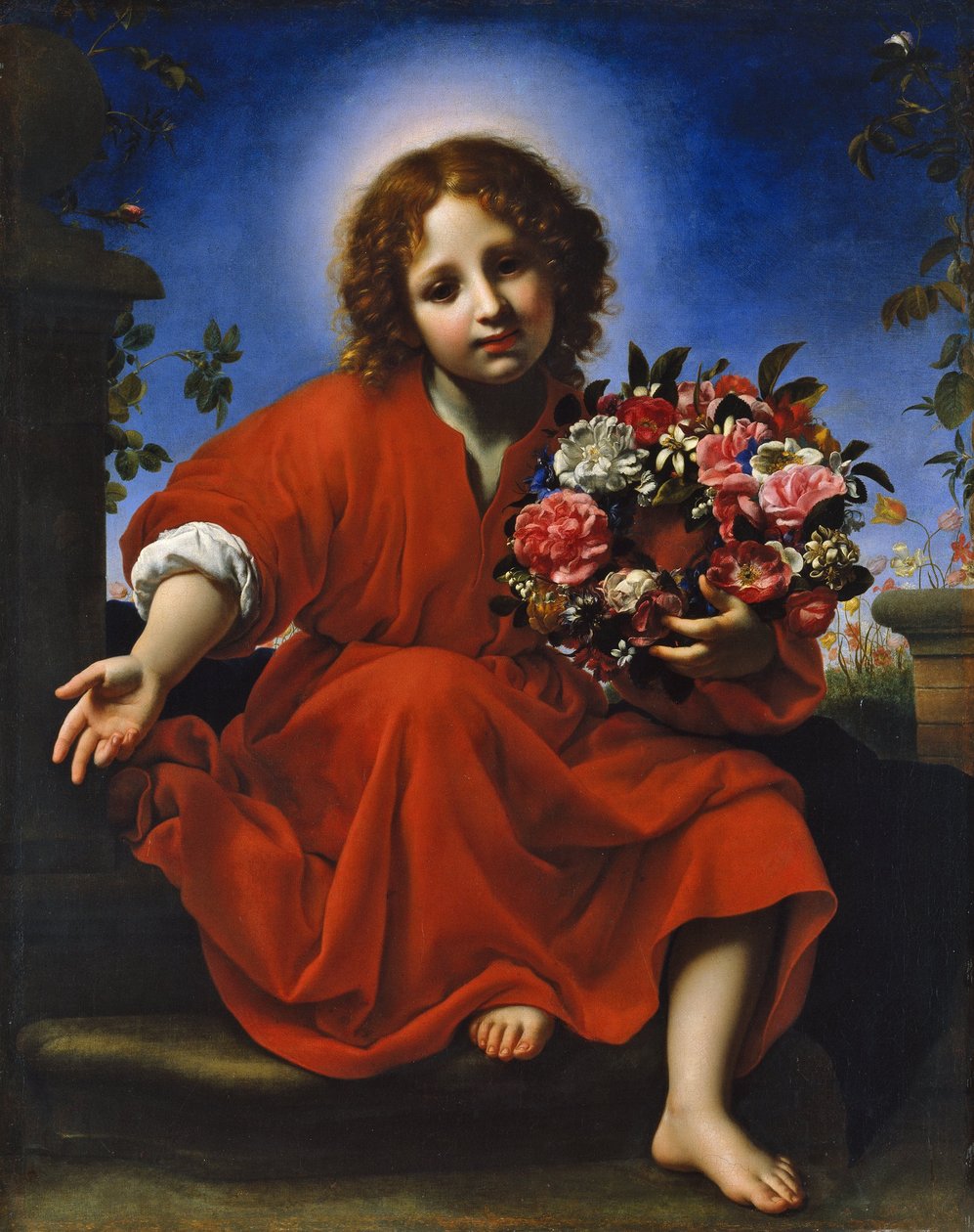 Spansk:  El Niño Jesús con una corona de flores Kristusbarnet med en blomsterkrans af Carlo Dolci