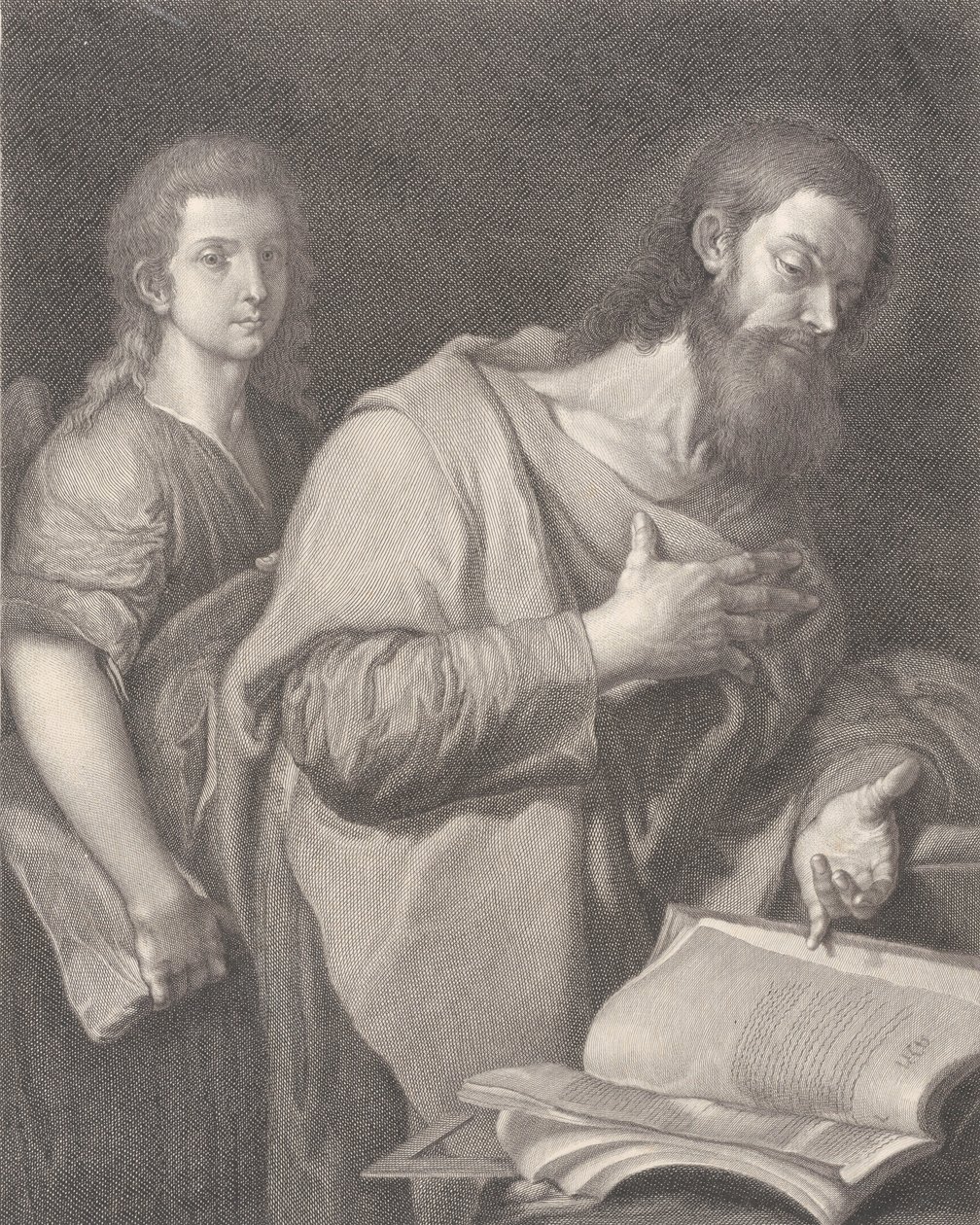 Saint Matthew, stående foran en bog til højre med en hånd på brystet, en anden mand være..., 1750-84 af Carlo Faucci