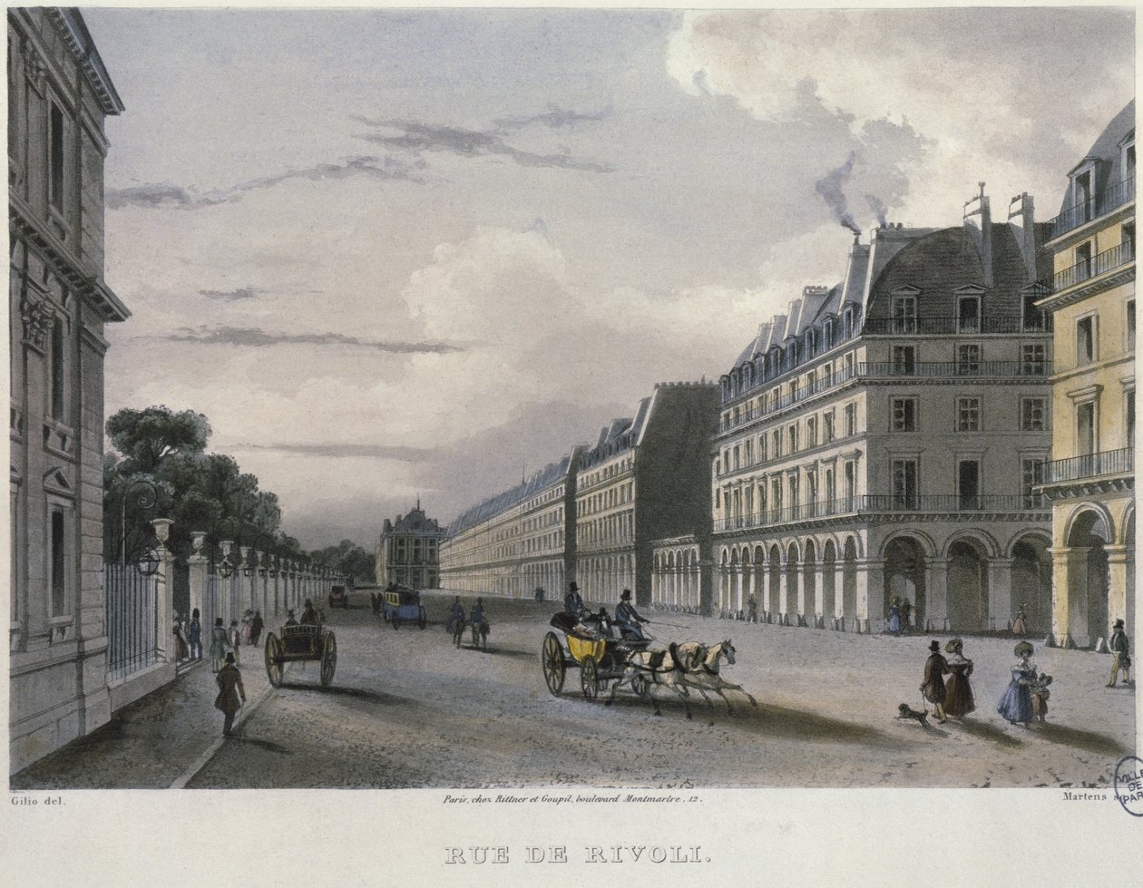 Rue de Rivol, graveret af Frederic Martens (1809-75) 1832 (farvestik) af Carlo Gilio