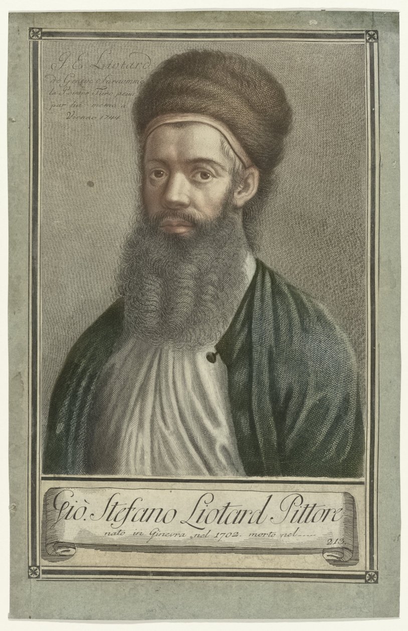 Portræt af maleren Jean-Etienne Liotard i tyrkisk kostume med skæg og pelshat Portrætter af kunstnere (serietitel) af Carlo Gregori (possibly)